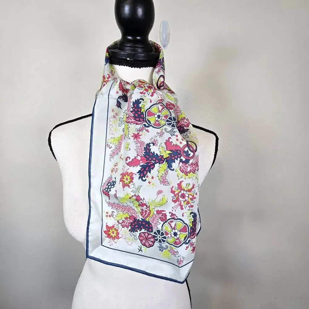 Vintage 80s June Critchfield Silk Rectangle Scarf Floral Navy Pink DAR Museum